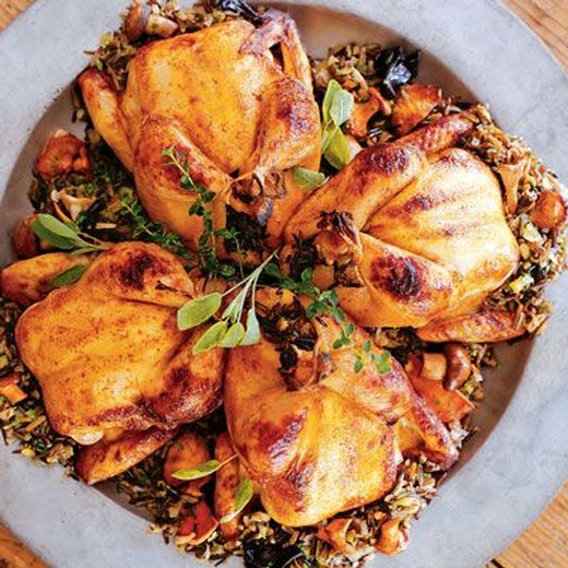 Cornish Game Hens with Wild Rice and Porcini Mushrooms